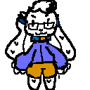 white bunny with black spots wearing a blue sweater, orange shorts and glasses